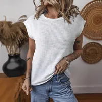 Spring And Summer Wholesale Women's New Fashion Waffle Round Neck Solid Color Loose Short Sleeve Women's Top main image 1