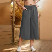 Independent Station Wish  Spring And Summer Elastic Waist Solid Color Wide Leg Loose Casual Cropped Pants Women main image 2