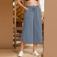 Independent Station Wish  Spring And Summer Elastic Waist Solid Color Wide Leg Loose Casual Cropped Pants Women main image 4