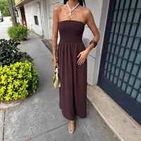 New Summer Fashion Solid Color One-character Collar Strapless Waist Long Dress Women main image 2