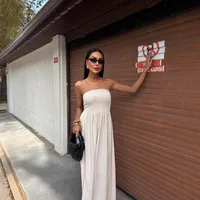 New Summer Fashion Solid Color One-character Collar Strapless Waist Long Dress Women main image 3