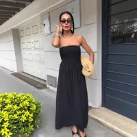 New Summer Fashion Solid Color One-character Collar Strapless Waist Long Dress Women main image 4