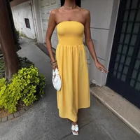 New Summer Fashion Solid Color One-character Collar Strapless Waist Long Dress Women main image 5