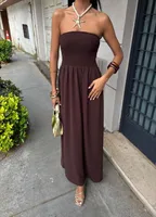 New Summer Fashion Solid Color One-character Collar Strapless Waist Long Dress Women sku image 20
