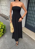 New Summer Fashion Solid Color One-character Collar Strapless Waist Long Dress Women sku image 8