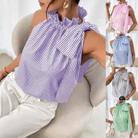 Explosions  Fashion Sleeveless Striped Lace High Neck Tee Knot T-shirt Top Women main image 1