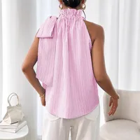 Explosions  Fashion Sleeveless Striped Lace High Neck Tee Knot T-shirt Top Women main image 2
