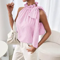 Explosions  Fashion Sleeveless Striped Lace High Neck Tee Knot T-shirt Top Women main image 3