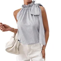 Explosions  Fashion Sleeveless Striped Lace High Neck Tee Knot T-shirt Top Women main image 4