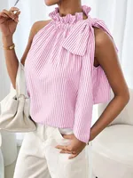 Explosions  Fashion Sleeveless Striped Lace High Neck Tee Knot T-shirt Top Women sku image 7