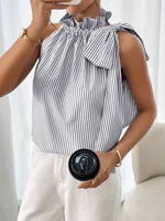 Explosions  Fashion Sleeveless Striped Lace High Neck Tee Knot T-shirt Top Women sku image 16