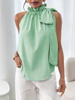 Explosions  Fashion Sleeveless Striped Lace High Neck Tee Knot T-shirt Top Women sku image 25