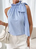 Explosions  Fashion Sleeveless Striped Lace High Neck Tee Knot T-shirt Top Women sku image 11