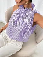 Explosions  Fashion Sleeveless Striped Lace High Neck Tee Knot T-shirt Top Women sku image 3
