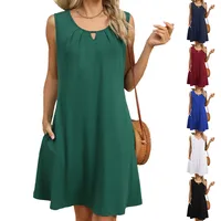Europe And The United States  Foreign Trade  Summer New Solid Color Round Neck Hollow Pleated Sleeveless Pocket Dress main image 1