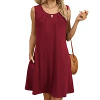 Europe And The United States  Foreign Trade  Summer New Solid Color Round Neck Hollow Pleated Sleeveless Pocket Dress main image 2