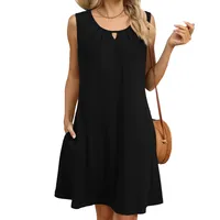 Europe And The United States  Foreign Trade  Summer New Solid Color Round Neck Hollow Pleated Sleeveless Pocket Dress main image 3