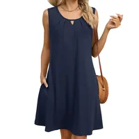 Europe And The United States  Foreign Trade  Summer New Solid Color Round Neck Hollow Pleated Sleeveless Pocket Dress main image 4