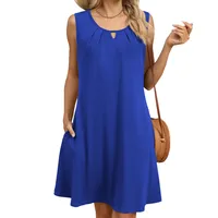 Europe And The United States  Foreign Trade  Summer New Solid Color Round Neck Hollow Pleated Sleeveless Pocket Dress main image 5