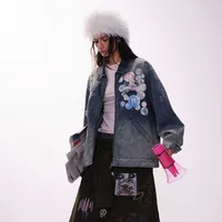 Jiayiku Tide Brand  Spring New American Retro Badge Design Gradient Wash Water Denim Jacket Coat main image 3