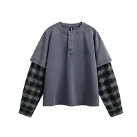 Jiayiku Men's  Spring New American Street Fashion Brand Retro Washed Batik Plaid Fake Two-Piece Sweater main image 1