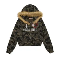 Jiayiku Fashion Brand  New American Style Retro Fur Collar Camouflage Rhinestone Hoodie Short Jacket Cardigan Zipper Sweater main image 1