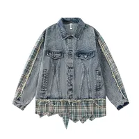 Jiayiku Men's  Spring New American Retro Stitching Plaid Wash Denim Jacket Fake Two-Piece Jacket main image 1