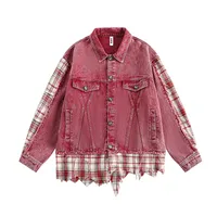 Jiayiku Men's  Spring New American Retro Stitching Plaid Wash Denim Jacket Fake Two-Piece Jacket main image 2