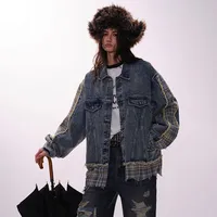 Jiayiku Men's  Spring New American Retro Stitching Plaid Wash Denim Jacket Fake Two-Piece Jacket main image 3