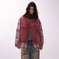 Jiayiku Men's  Spring New American Retro Stitching Plaid Wash Denim Jacket Fake Two-Piece Jacket main image 4