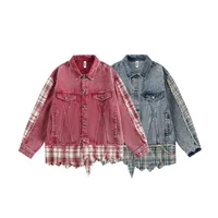 Jiayiku Men's  Spring New American Retro Stitching Plaid Wash Denim Jacket Fake Two-Piece Jacket main image 5