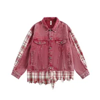 Jiayiku Men's  Spring New American Retro Stitching Plaid Wash Denim Jacket Fake Two-Piece Jacket sku image 8