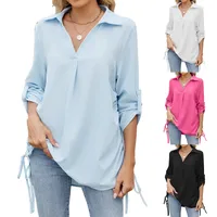 Europe And The United States  Foreign Trade  Spring And Summer New Solid Color Lapel Loose Sleeve Shirt Chiffon Top Women main image 1