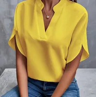 Foreign Trade Women's  Summer Casual Solid Color V-neck Loose Shirt Top Women main image 3