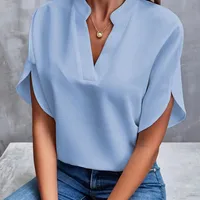 Foreign Trade Women's  Summer Casual Solid Color V-neck Loose Shirt Top Women main image 4
