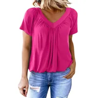 Trade   Women's T-shirt New Casual Pleated Solid Color V-neck Short Sleeve T-shirt Women's Loose main image 1