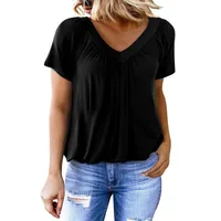 Trade   Women's T-shirt New Casual Pleated Solid Color V-neck Short Sleeve T-shirt Women's Loose main image 2