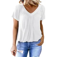 Trade   Women's T-shirt New Casual Pleated Solid Color V-neck Short Sleeve T-shirt Women's Loose main image 3