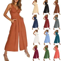 Summer Suspenders V-neck Hollow Pleated High Waist Wide Leg Pocket Women's Jumpsuit main image 1