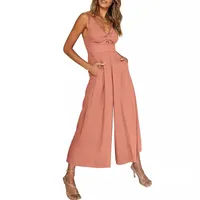 Summer Suspenders V-neck Hollow Pleated High Waist Wide Leg Pocket Women's Jumpsuit main image 2
