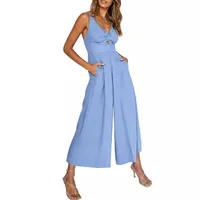 Summer Suspenders V-neck Hollow Pleated High Waist Wide Leg Pocket Women's Jumpsuit main image 3