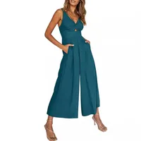 Summer Suspenders V-neck Hollow Pleated High Waist Wide Leg Pocket Women's Jumpsuit main image 4