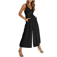 Summer Suspenders V-neck Hollow Pleated High Waist Wide Leg Pocket Women's Jumpsuit main image 5