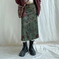 A680SK  Spice Girl  New Chinese Retro Plant Printed Women's Slimming Mid-length High Waist Skirt main image 3