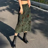 A680SK  Spice Girl  New Chinese Retro Plant Printed Women's Slimming Mid-length High Waist Skirt main image 4