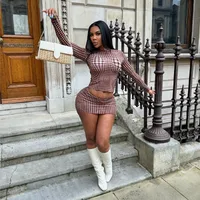 A637ST   Autumn Fashion Vintage Plaid Crewneck Pullover Long Sleeve High Waist Skirt Slim Fit Women's Suit main image 1