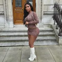 A637ST   Autumn Fashion Vintage Plaid Crewneck Pullover Long Sleeve High Waist Skirt Slim Fit Women's Suit main image 2