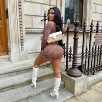 A637ST   Autumn Fashion Vintage Plaid Crewneck Pullover Long Sleeve High Waist Skirt Slim Fit Women's Suit main image 3