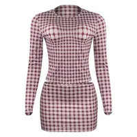 A637ST   Autumn Fashion Vintage Plaid Crewneck Pullover Long Sleeve High Waist Skirt Slim Fit Women's Suit main image 5