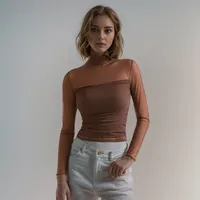 C116TP Europe And The United States  New Solid Color Round Neck Mesh Stitching Perspective Long Sleeve Half High Collar Sexy Women's Top main image 1